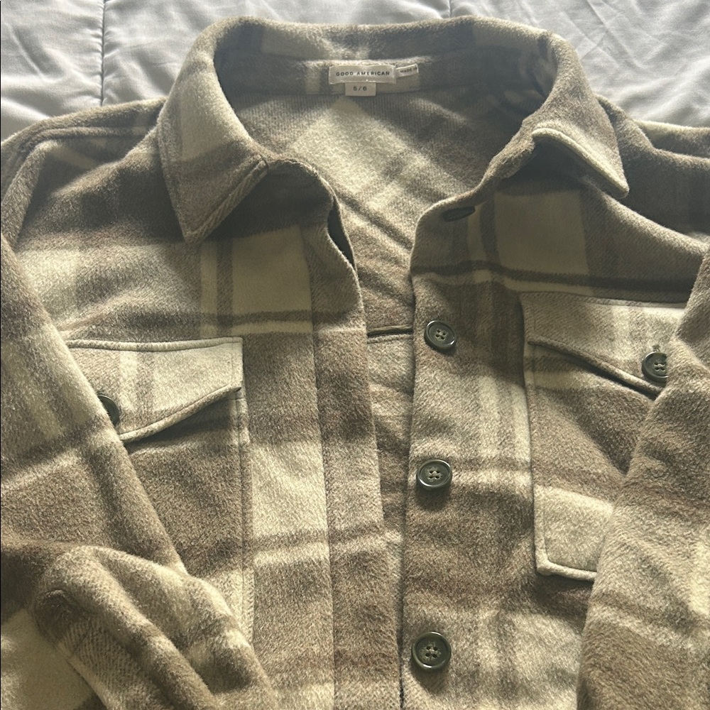 Good American Tan and Cream Plaid Shirt
